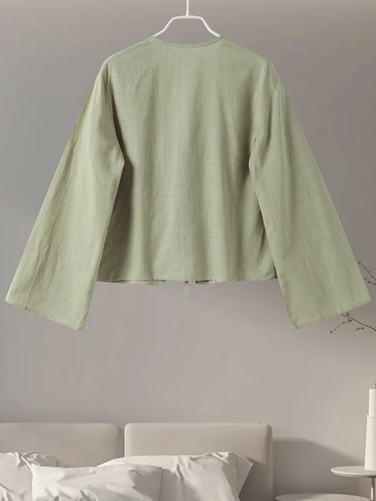 Cotton Linen Lace Up V-neck long sleeve