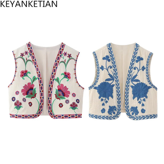 Women Vintage Floral Embroidered vest